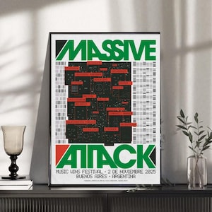 Puede incluir: Un póster enmarcado con las palabras "MASSIVE ATTACK" en verde y rojo, con un diseño gráfico en negro y rojo. El póster también incluye el texto "MUSIC WINS FESTIVAL - 2 DE NOVIEMBRE 2025 BUENOS AIRES - ARGENTINA."
