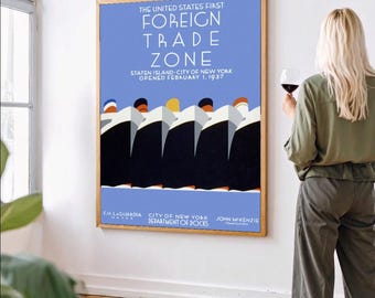 vintage wpa poster new york foreign trade zone art deco print retro wall art classic nyc poster