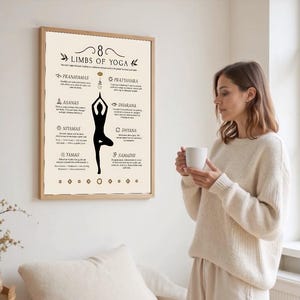 May include: A framed poster titled "8 Limbs of Yoga" with text and illustrations. The poster is in a light beige color with a wooden frame. A woman is holding a white mug in front of the poster.