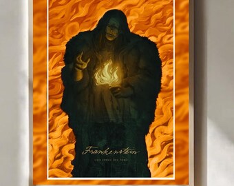 frankenstein poster gothic horror wall art firelit monster print dark cinematic home decor