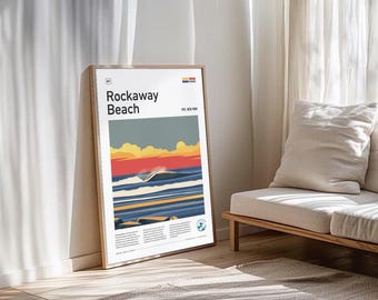 May include: A framed poster with the words "Rockaway Beach" and a colorful illustration of a wave. The artwork features a retro design with a beach scene in shades of blue, orange, and yellow. The poster is displayed in a light-colored wooden frame.