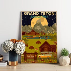 Parco nazionale Grand Teton, Wyoming, Poster di cartoline e insegne in legno, geometriche notturne
