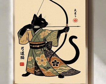 Black Cat Samurai Poster, Japanese Ukiyo-e Archer Print, Vintage Kimono Cat Wall Decor,Japanese Art Poster, Wall Decor