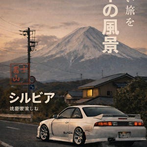 May include: A white coupe car driving on an asphalt road with a large mountain in the background. The image features Japanese text including "日本の風景", "良い旅を", "富士山", and "シルビア". A utility pole stands on the left side near a house.