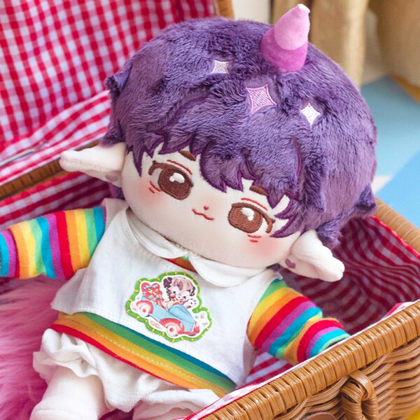 Purple Hair 20cm Plush Doll with Corn, Detachable Pink Tail, Cute Plush Doll, Birthday Gift