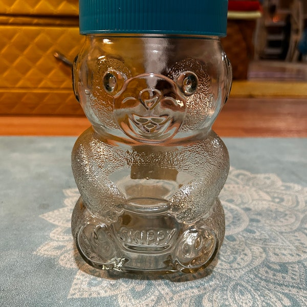 Vintage 80s-90s Glass Skippy Peanut Butter Jar Teddy Bear