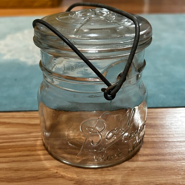 Vintage Clear Wire Bale Half Pint Ball Mason Jar.