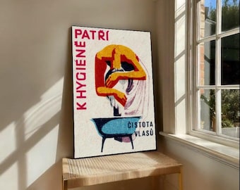 Kobieta myjąca włosy, pudełko zapałek, wydruk artystyczny, vintage, czeska ilustracja, plakat, retro, estetyczna dekoracja ścienna