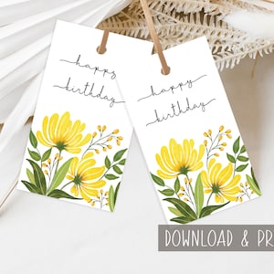 Tags for birthday gifts, Printable Happy birthday gift tag, Birthday gift labels flowers, Digital favour tags, Instant download 2 x 3.5 tags