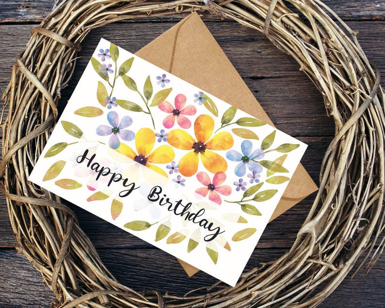 Printable Birthday Card With Flowers Happy Birthday Card Etsy
