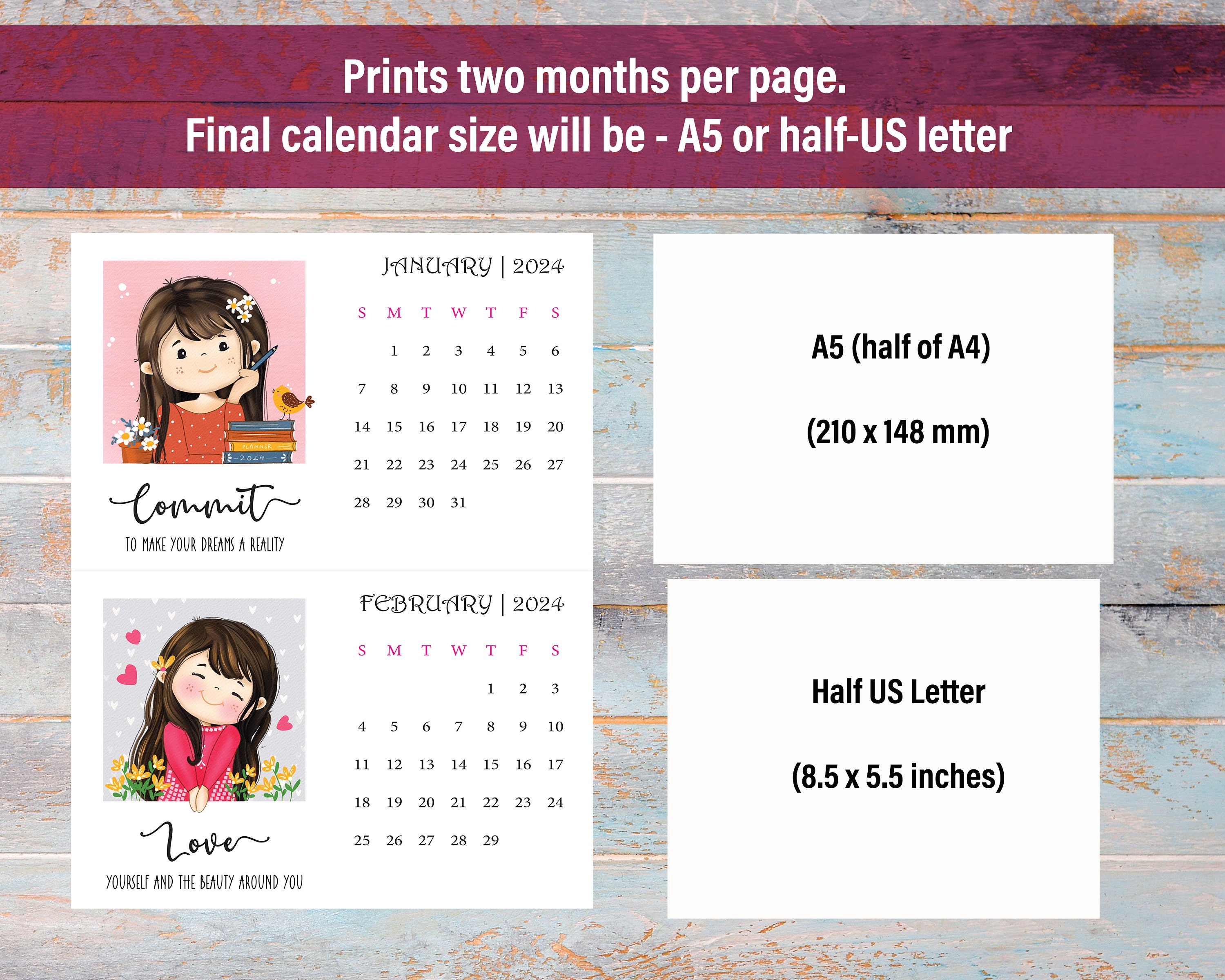 2025 Desk Calendar Printable, Mini Calendar 2025, Illustrated Calendar