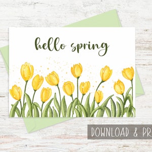 Tarjeta de Hola Primavera con Tulipanes Amarillos, Tarjeta de Feliz Primavera Imprimible, Flores de Acuarela, Tarjeta de Felicitación de Primavera, Plantilla de Tarjeta de Primavera, Digital