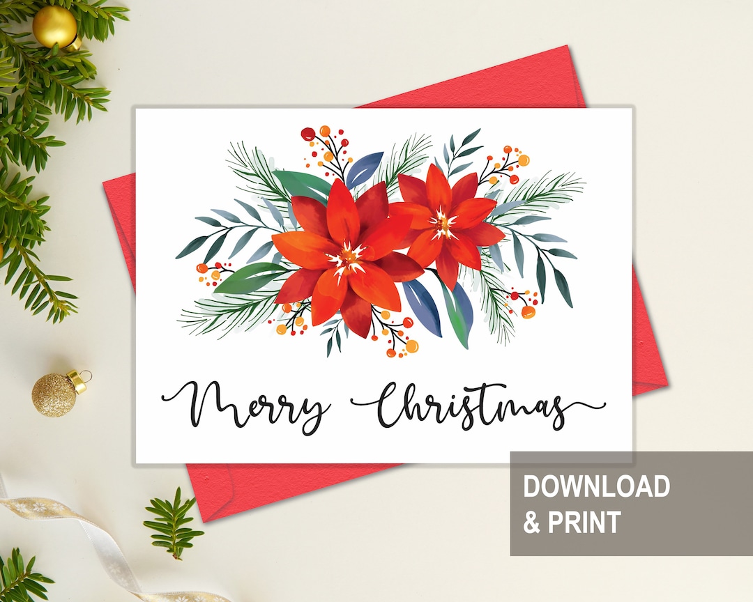 Christmas Poinsettia Card Printable, Poinsettia Watercolor Christmas ...