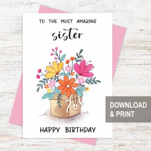 Cartão de aniversário para impressão para irmã, Cartão de feliz aniversário para impressão para irmã, Cartão de felicitações de aniversário, Cartão de aniversário digital, Buquê de flores