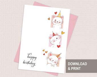 Süße Katzen Geburtstagskarte, Katzenliebhaber Geburtstagskarte, Katze Grußkarte, Kitty Karte, Karte für Kinder, Freunde, sofort download, A7 PDF