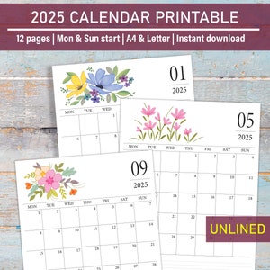 Calendario 2025 stampabile, Calendario floreale mensile 2025, Calendario stampabile, Calendario sfoderato in formato Lettera, A4, Inizio lunedì e domenica, Acquerello