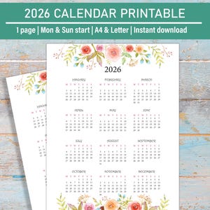 May include: Printable 2026 calendar with floral design. The calendar is formatted with Monday and Sunday starting the week. The calendar includes all 12 months of the year.