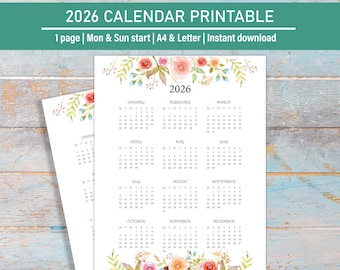 2026 Yearly Calendar Printable, 2026 Yearly Calendar, Desk Calendar Yearly Overview 2026, Year at a glance, Letter Size A4, Mon & Sun start