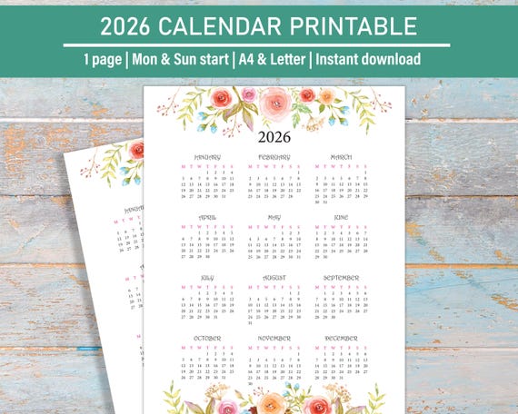 2026 Yearly Calendar Printable, 2026 Yearly Calendar, Desk Calendar Yearly Overview 2026, Year at a glance, Letter Size A4, Mon & Sun start