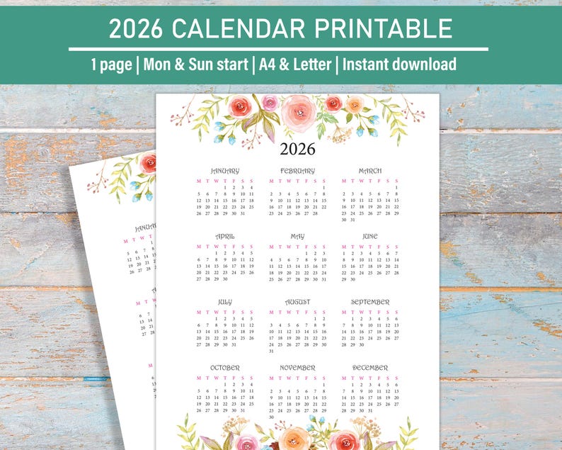 May include: Printable 2026 calendar with floral design. The calendar is formatted with Monday and Sunday starting the week. The calendar includes all 12 months of the year.