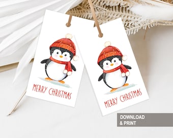 Whimsical christmas watercolor penguin gift tag printable, Favour tags, Christmas party labels