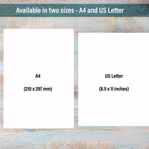 May include: Two white paper sheets, labeled A4 (210 x 297 mm) and US Letter (8.5 x 11 inches), are displayed against a light blue and wood-grain background. The text "Available in two sizes - A4 and US Letter" is at the top.