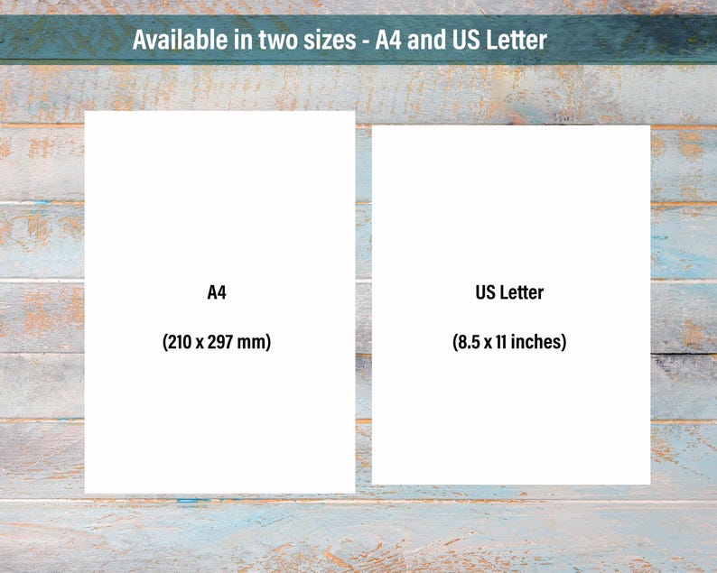 May include: Two white paper sheets, labeled A4 (210 x 297 mm) and US Letter (8.5 x 11 inches), are displayed against a light blue and wood-grain background. The text "Available in two sizes - A4 and US Letter" is at the top.