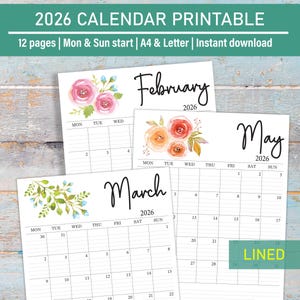 Calendario 2026 imprimible y descargable, calendario mensual floral de acuarela, calendario de escritorio y de pared en tamaño carta, A4, inicio lunes y domingo.