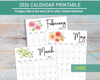 2026 Calendar printable download lined, Watercolor Floral Monthly Calendar, Desk & Wall Calendar in Letter Size, A4, Mon and Sun start
