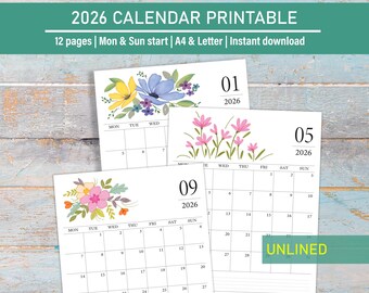 2026 Monatsblumenkalender druckbar, 2026 Planer, unlinierter Kalender, druckbarer Tisch- und Wandkalender in Briefgröße, A4, Mon & So Start