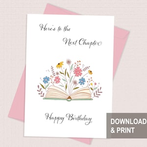 Flowers and book birthday card for readers, Book lover card printable, Reading theme card, Bookish card, Digital card, Instant Download