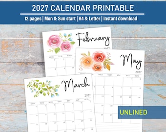 2027 Calendar printable download, Watercolor Floral Monthly Calendar, Desk and Wall Printable Calendar in Letter Size, A4, Mon & Sun start