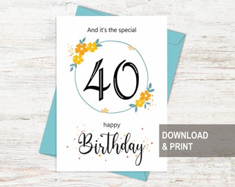 40th Birthday card, 40th Birthday printable, Turning 40 birthday card, 40 years old, Happy Birthday digital, Printable birthday card digital