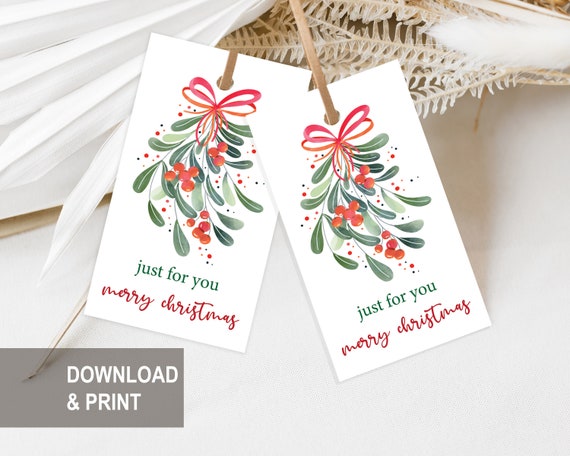 Printable Christmas Mistletoe gift tag, Merry Christmas gift tag printable, Happy Holidays gift tag, Christmas favour tags, Christmas labels