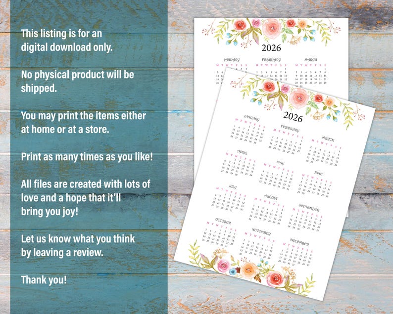 May include: Printable 2026 calendar with floral watercolor design. The calendar features a simple layout with each month displayed in a separate box. The floral design is in shades of pink, peach, and blue.