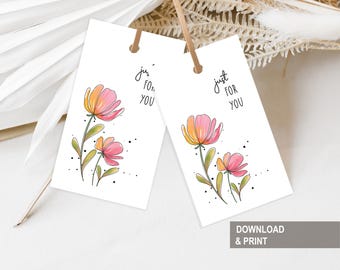 Soft floral just for you gift tags, Thank you gift tags printable, Thank you gift labels, Digital favour tags, Instant download 2 x 3.5 tag