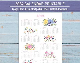 2024 Year Calendar Printable, 2024 Yearly Calendar, Desk Calendar Yearly Overview 2024, Year at a glance, Letter Size A4, Mon and Sun start