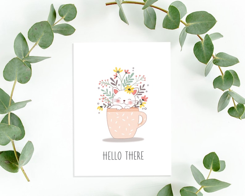 Hello There Cute Cat Card Printable, Thinking of You Card, Friendship ...