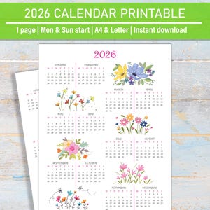 2026 Calendar Printable Full Year, 2026 Yearly Printable Calendar, Yearly Overview 2026, Year at a glance, Letter Size A4, Mon & Sun start