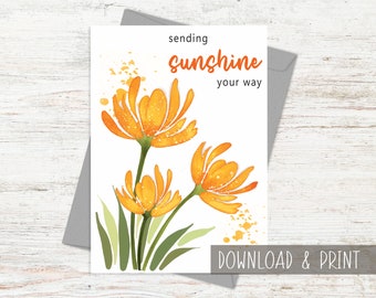 Pensando en su tarjeta imprimible con flores silvestres de color amarillo brillante, Tarjeta imprimible para el dolor y el luto, Tarjeta para sentirse mejor pronto, Tarjeta de condolencia