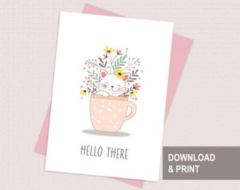 Hello There Cute Cat-kaart afdrukbaar, Thinking of You-kaart, vriendschapskaart, wenskaart, digitale kaart, direct downloaden