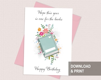 Book and flowers birthday card printable, Book lover card, Bookish Digital Card for Readers, Reading Themed Digital Card, Bookworm Card