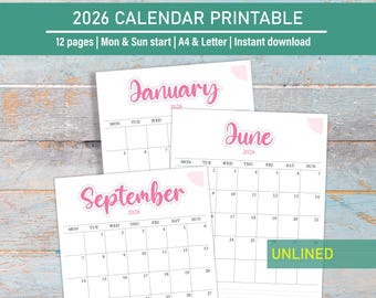 2026 Printable Calendar, 2026 Monthly Calendar Printable, Desk Calendar in Letter Size, A4, Monday and Sunday start, Printable download