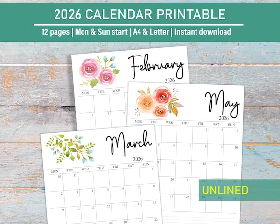 2026 Calendar printable download, Watercolor Floral Monthly Calendar, Desk and Wall Printable Calendar in Letter Size, A4, Mon & Sun start
