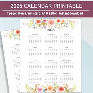 2025 Jahreskalender zum Ausdrucken, Jahreskalender 2025, Tischkalender Jahresübersicht 2025, das Jahr auf einen Blick, A4 Letter, Mo & So Start