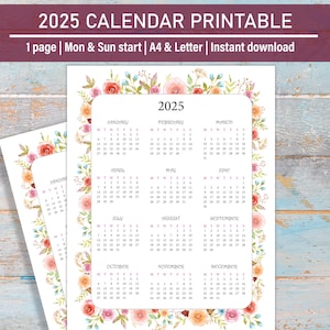 2025 Jahreskalender zum Ausdrucken, 2025 Jahreskalender, Schreibtischkalender Jahresübersicht 2025, das Jahr auf einen Blick, A4 Letter, mit Mon & So Start
