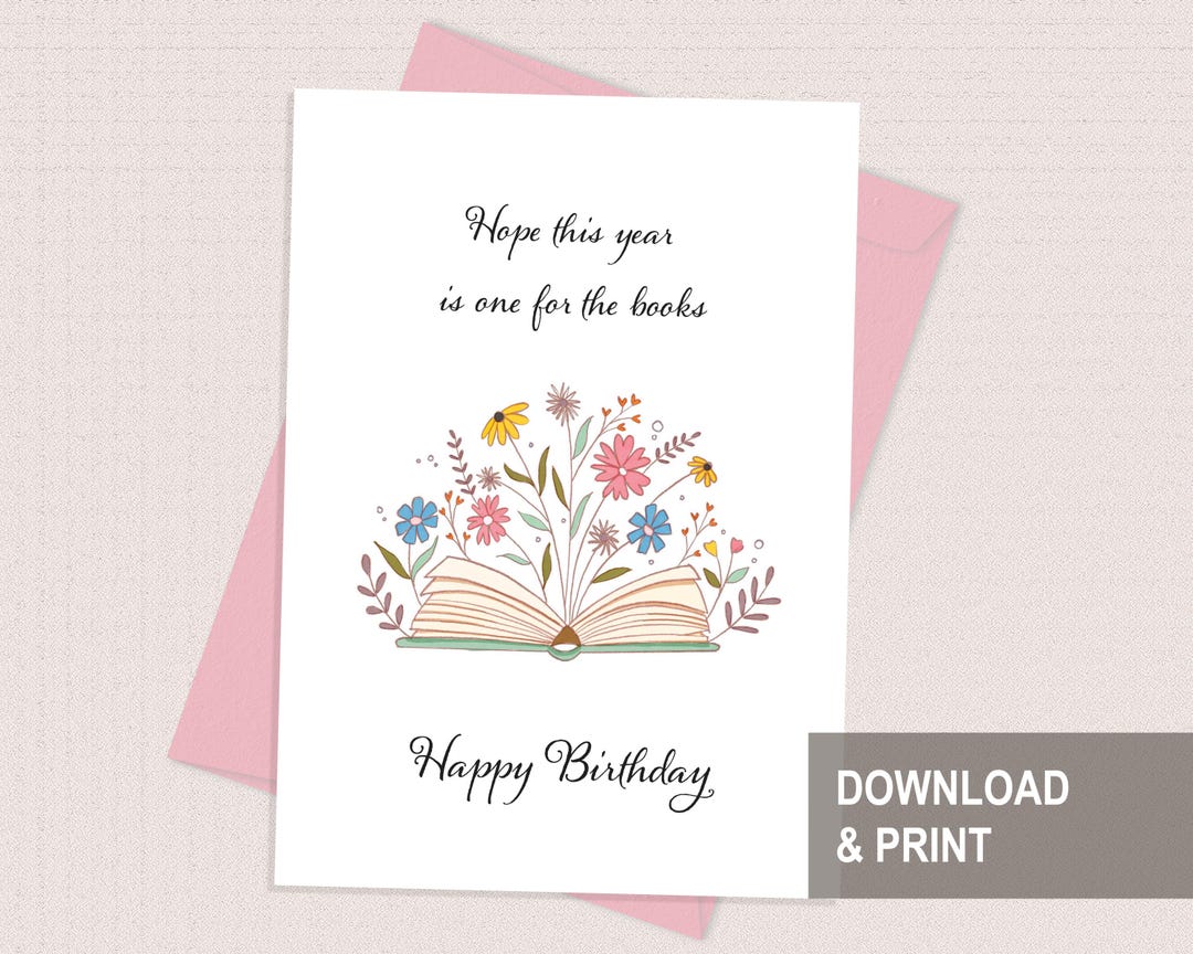 Book Lover Birthday Card Printable, Bookish Digital Card for Readers ...