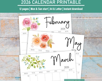 2026 Calendar printable download, Watercolor Floral Monthly Calendar, Desk and Wall Printable Calendar in Letter Size, A4, Mon & Sun start