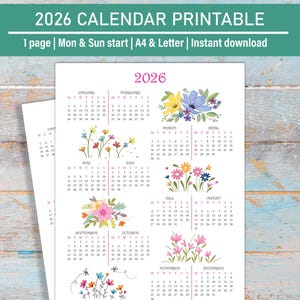 2026 Calendar Printable Full Year, 2026 Yearly Printable Calendar, Yearly Overview 2026, Year at a glance, Letter Size A4, Mon & Sun start