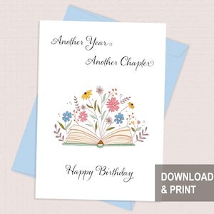 Book and flowers birthday card for readers, Bookish card printable, Reading theme card, Digital card, Instant Download, Book Lover gift